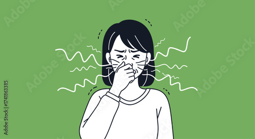 A woman holding her nose and frowning due to a bad smell.