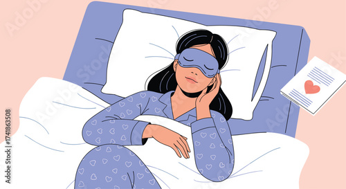 A person wearing a sleep mask rests in bed.
