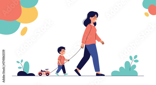 A mother walks with her child pulling a toy car.