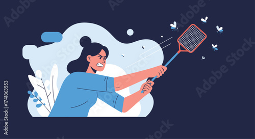 Woman angrily swatting at bothersome flying insects with a fly swatter.