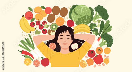 A person meditating surrounded by fresh fruits and vegetables.