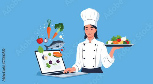 Online cooking class with chef and fresh ingredients displayed on laptop.