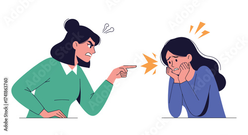 Parent scolding a child with anger and frustration. The child looks upset and scared.