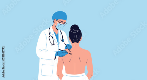 Dermatologist examining a patient's back for skin concerns.