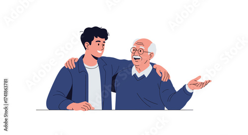 A young man and an old man talking.
