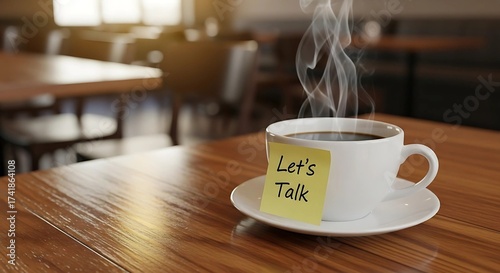 Steaming coffee cup with a Lets Talk sticky note on a wooden cafe table.