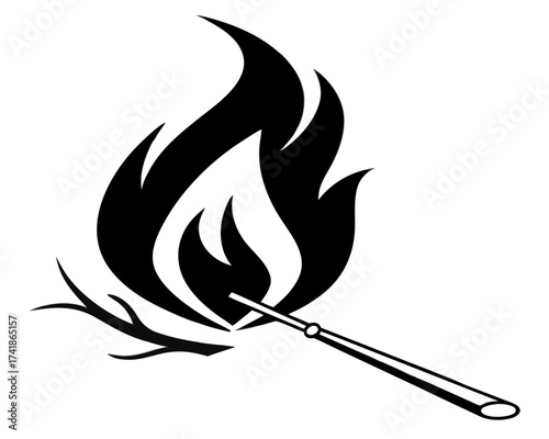 Illustration of a matchstick igniting a fire with visible flames and burning wood in black and white art