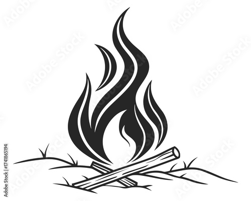 Illustration of a bonfire with flames and logs arranged in a crossed pattern on the ground surface