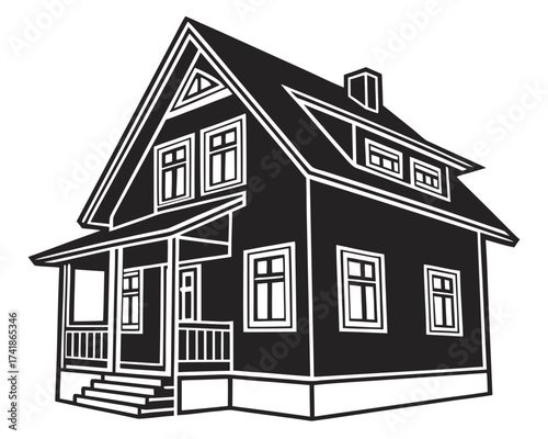 Illustration of a two story house with a porch and a chimney in black and white style drawing
