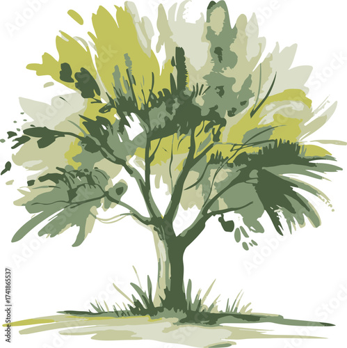Magical fantasy tree with swirling bark and lush green leaves full of wonder silhouette