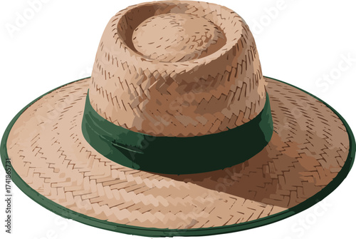 Realistic straw hat with woven texture and green band for summer fashion silhouette