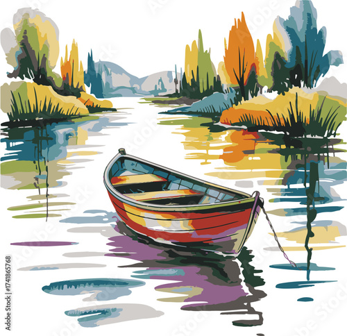 Serene hand-painted watercolor of a solitary rowboat on a tranquil waterway surrounded by autumn foliage silhouette