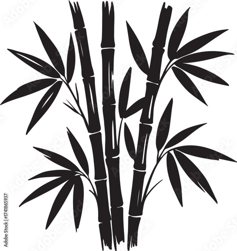Hand-painted watercolor bamboo stalks with delicate leaves evoking serene nature and asian aesthetics silhouette