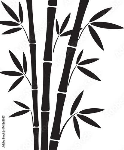 Hand-painted watercolor bamboo stalks with delicate leaves evoking serene nature and asian aesthetics silhouette