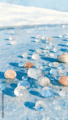 A serene icy landscape featuring frozen bubbles and stones, showcasing the beauty of winter's natural wonders.