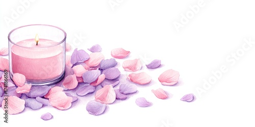 A serene with a candle surrounded by soft, delicate flower petals, creating a peaceful ambiance.