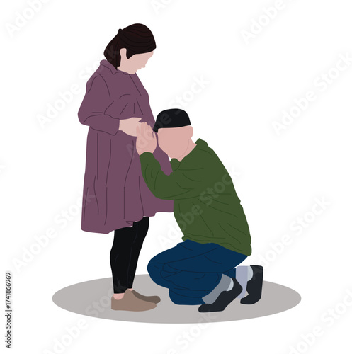 Family man kiss on belly. pregnancy wife standing and husband sitting on the floor and kiss on his wife's belly