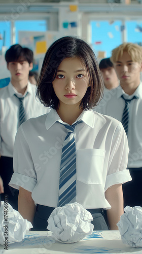 Serious Asian High School Student Girl in Uniform Standing in Front of Classmates and Crumpled Paper