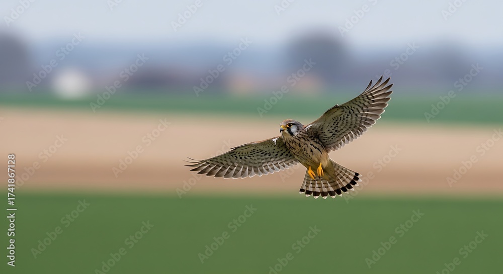 Fototapeta premium Majestic falcon soaring gracefully through the open sky, wings spread wide.