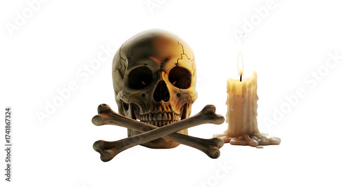 Halloween Skull and burning candle isolated png transparent background