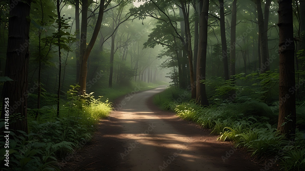 Fototapeta premium Serene forest path surrounded by tall trees