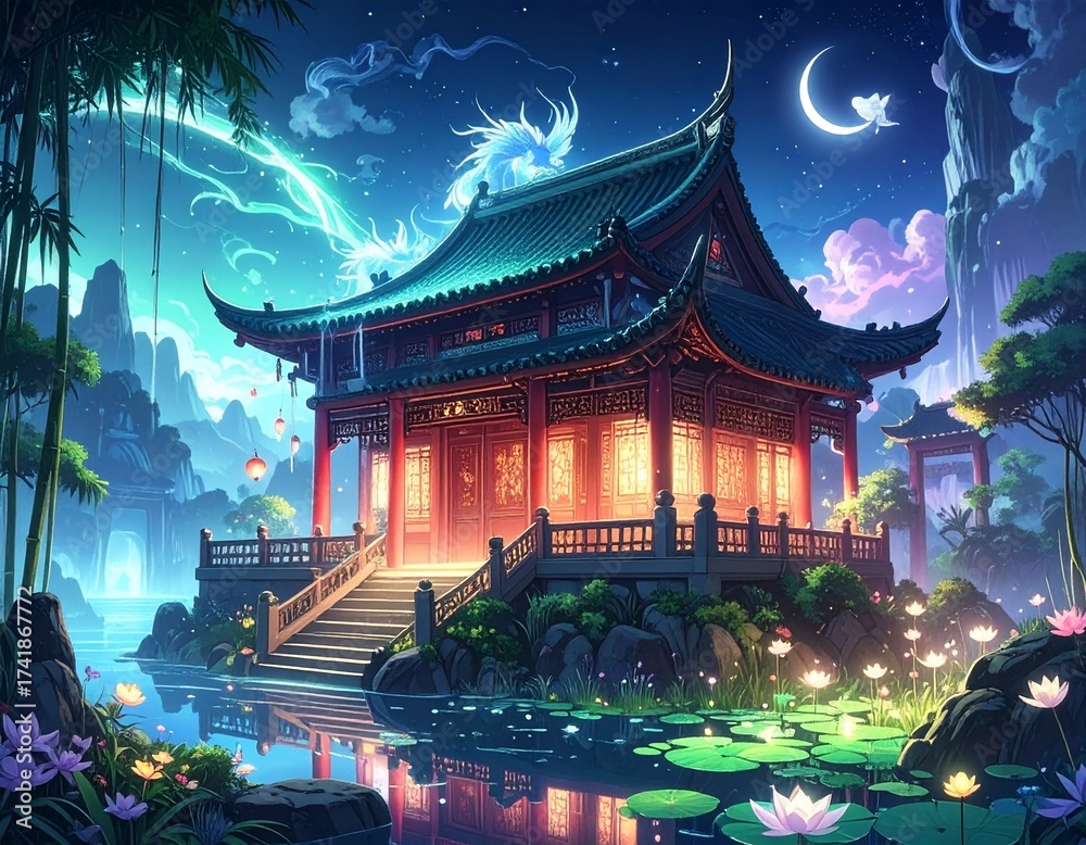 Fototapeta premium Fantasy Chinese Pavilion over a Glowing Lotus Pond at Night
