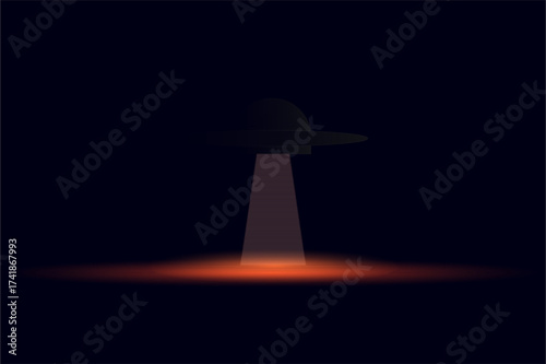 Enigmatic flying saucer descends with a powerful beam illuminating the darkness