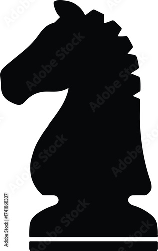 chess knight piece, classic carved profile, side view, solid black silhouette