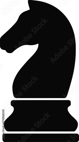 chess knight piece, classic carved profile, side view, solid black silhouette