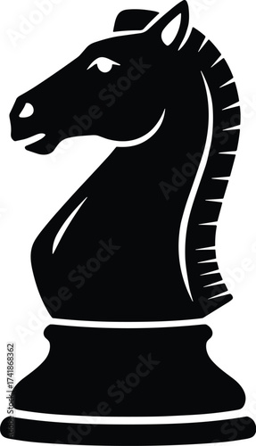 chess knight piece, classic carved profile, side view, solid black silhouette