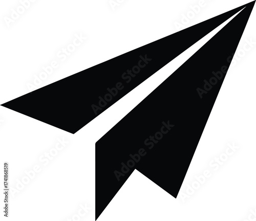 paper airplane gliding diagonally, sharp folded wings, solid black silhouette
