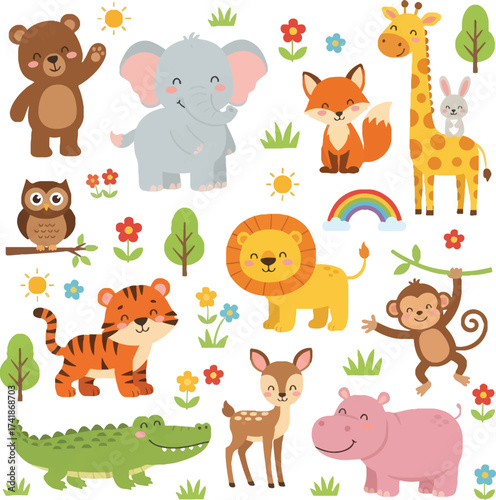 Cute vector cartoon animal icons set with dog, cat, and farm animals like cow, horse, and pig, including baby zoo characters such as lion, elephant, bear, tiger, and rabbit illustration collection