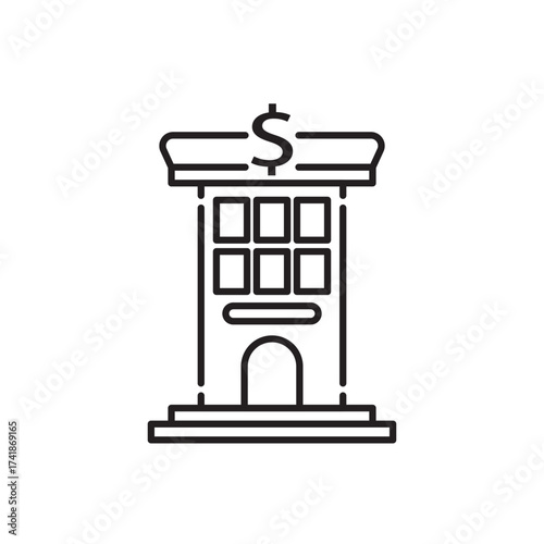 Minimal line icon of a bank building with dollar symbol, representing finance, savings, money management, and investment institution concept. Perfect for fintech, business, and economy design use.