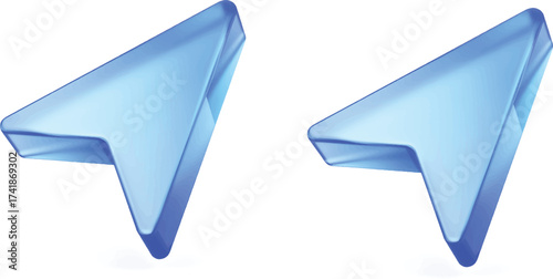 The image contains two nearly identical cursor or pointer icons against a white background. Both are rendered in a translucent light blue material with a