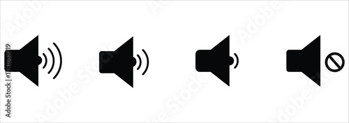 Speaker icon set with ring, mute, 50% volume and silent for smartphone user interface in black color. Sound volume icons set with different signal levels on white background. Sound icon, volume