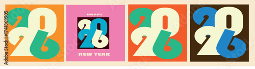 Set of 2026 Happy New Year logo text design. 2026 number design template. Collection of 2026 Happy New Year symbols. Vector illustration with labels isolated on colorful background.