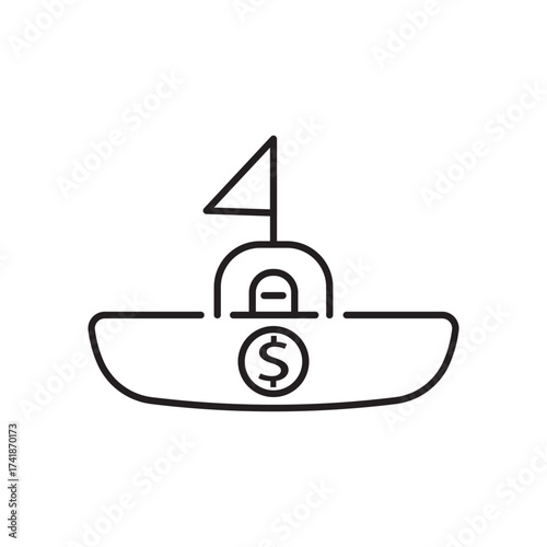 Minimal line icon of a boat with a dollar sign, symbolizing trade profit, shipping investment, and marine finance. Perfect for logistics, export business, and global maritime economy themes.