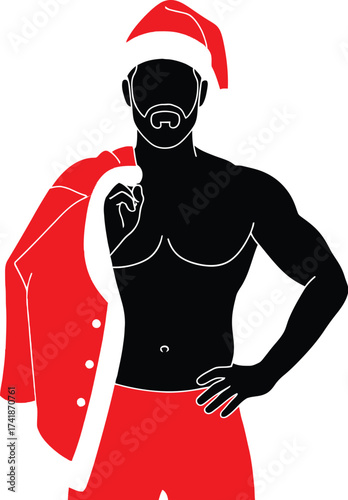 Sexy santa claus man with abs holiday christmas vector illustration editable vector
