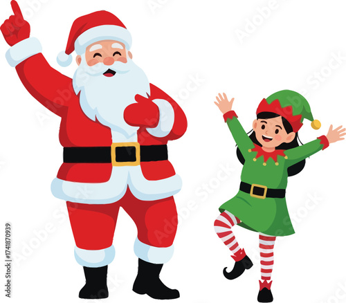 Santa claus and christmas elf celebrating holiday season vector art editable vector