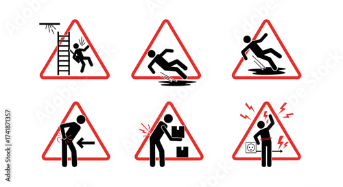 Safety first with these vibrant hazard pictograms warning of electrical shock, back strain, and slippery floors for workplace awareness campaigns