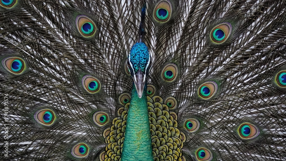 Obraz premium A close-up portrait of a blue-green peacock's head and neck with its full tail fanned out, displaying dramatic ocelli patterns.