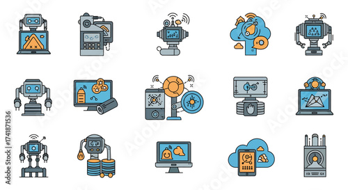 Modern robotics icons, data analysis, cloud computing, and innovative tech solutions for your next project with a future-forward, artificial intelligence theme