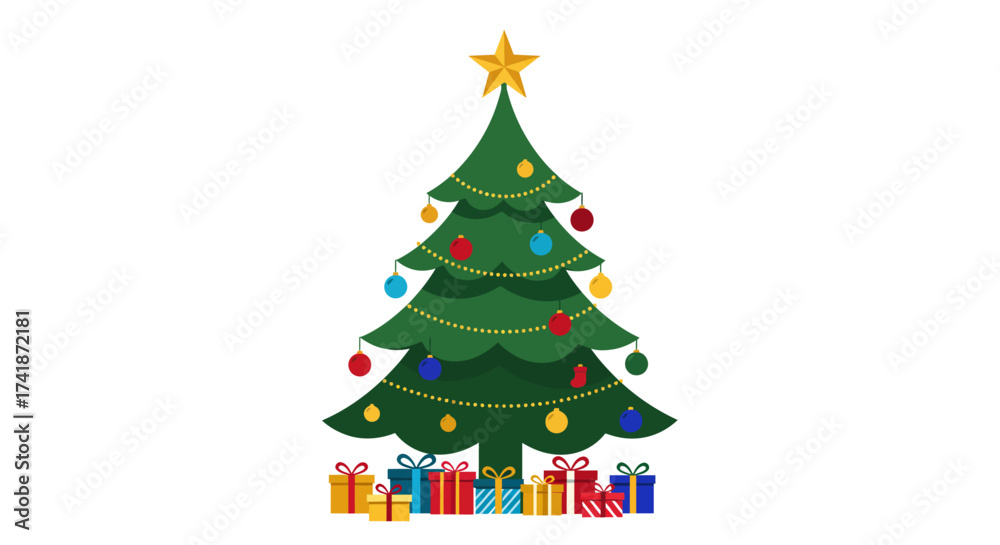 Naklejka premium Vector minimalist Christmas tree icons, geometric shapes, modern flat design, green and gold palette, clean simple lines.