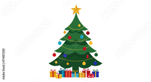 Vector minimalist Christmas tree icons, geometric shapes, modern flat design, green and gold palette, clean simple lines.