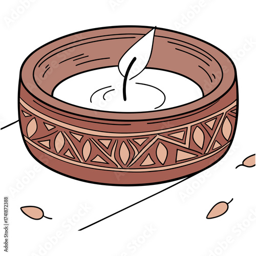 A terracotta diya with a white wick resting on a white surface in a close up studio shot with good lighting on a white background