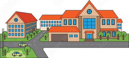 Illustration of suburban neighborhood with houses and street view editable vector