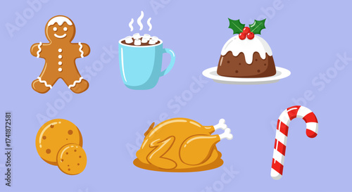 Vector Christmas food icons, including gingerbread cookies, hot cocoa with marshmallows, Christmas pudding, roasted turkey, candy cane, bright colorful flat design.