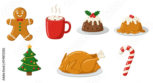 Vector Christmas food icons, including gingerbread cookies, hot cocoa with marshmallows, Christmas pudding, roasted turkey, candy cane, bright colorful flat design.