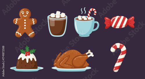 set of christmas cookies Christmas food and drink set outline vector illustration. Vector meals and desserts cooking and eating on Christmas dinner, meat and chicken roast on plate with wine glass