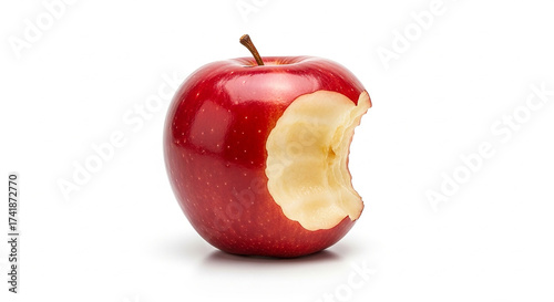 A single red apple with a bite taken out of it, isolated on white background
